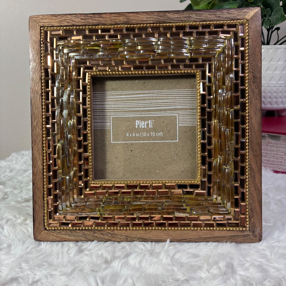 Pier 1 Imports Wood Mosaic Mirror Picture Frame 4x4 Amber Gold Glass Square